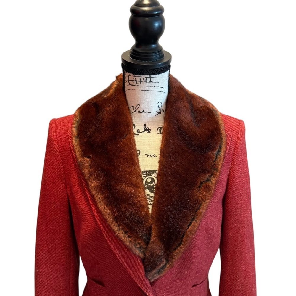 Anne Klein 2Pc Pant Suit Blazer Jacket Faux Fur Wool Blend Red Orange Size 8 NWT - Picture 4 of 16